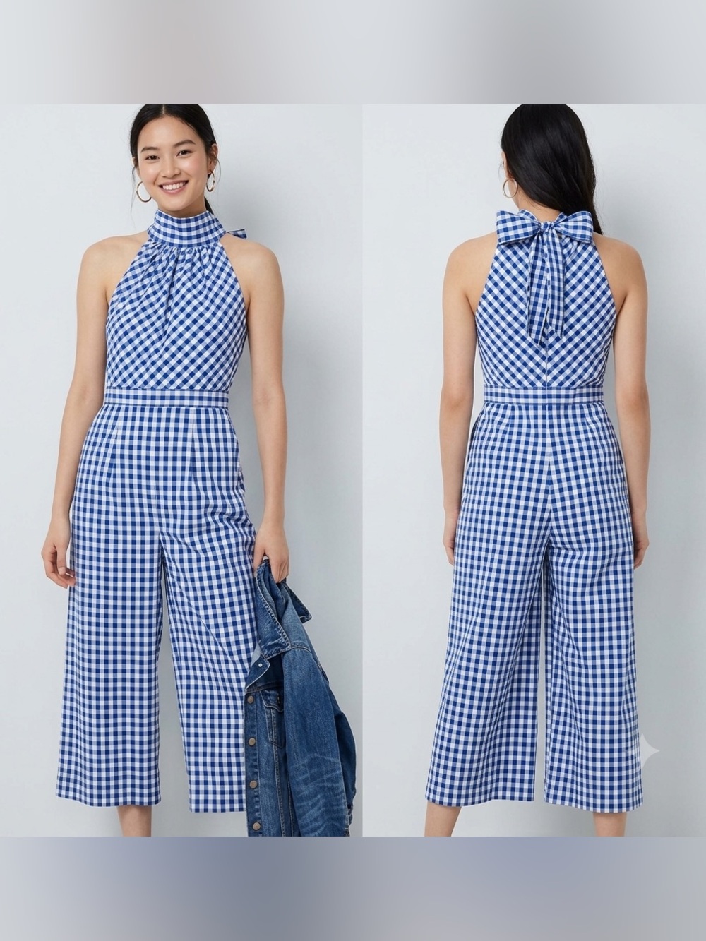 J. Crew Women’s High Neck Jumpsuit In Gingham Cotton Poplin In Blue/White Sz 4